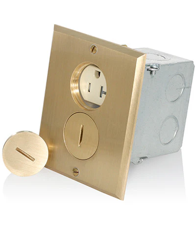 1-Gang Duplex Receptacle Floor Box, Tamper-Resistant, Brass Finish, 20-Amp, 125-Volt, 25349-TFB