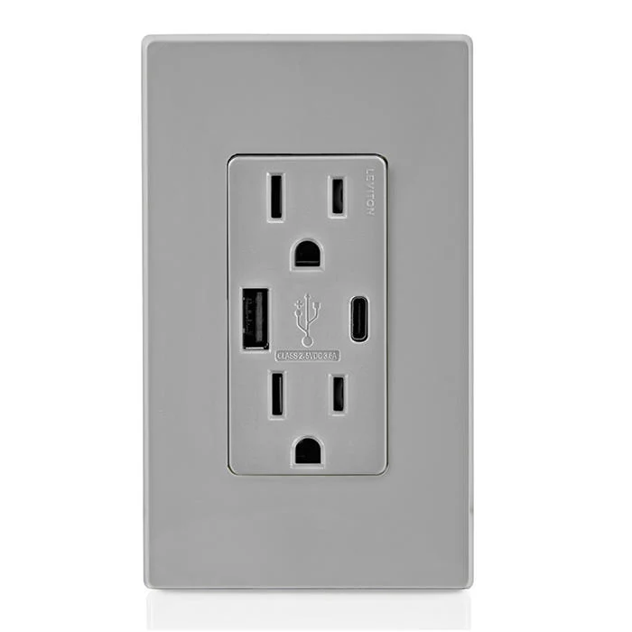 18W (3.6A) USB Type A/Type-C Wall Outlet Charger with 15A Tamper-Resistant Outlet, T5638-GY
