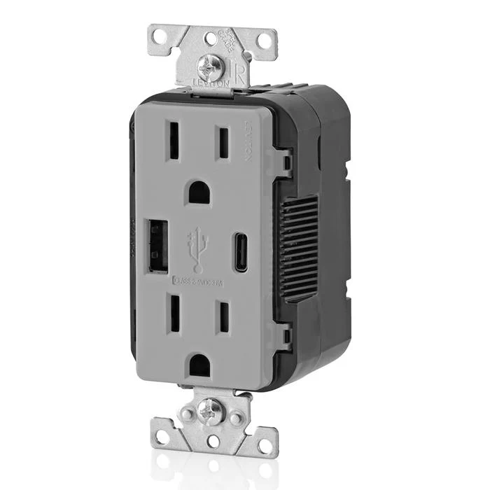 18W (3.6A) USB Type A/Type-C Wall Outlet Charger with 15A Tamper-Resistant Outlet, T5638-GY - Image 2
