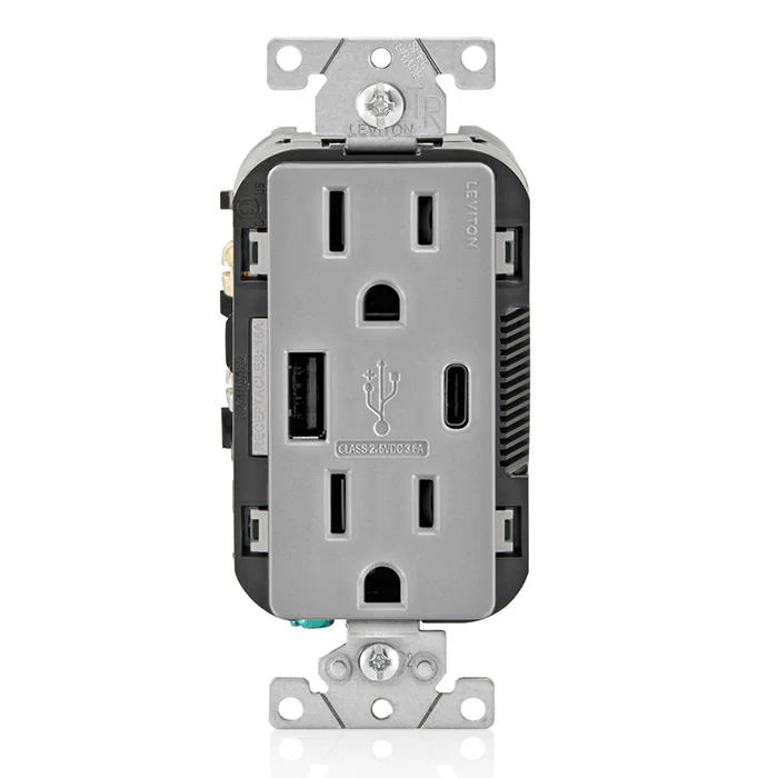 18W (3.6A) USB Type A/Type-C Wall Outlet Charger with 15A Tamper-Resistant Outlet, T5638-GY - Image 3