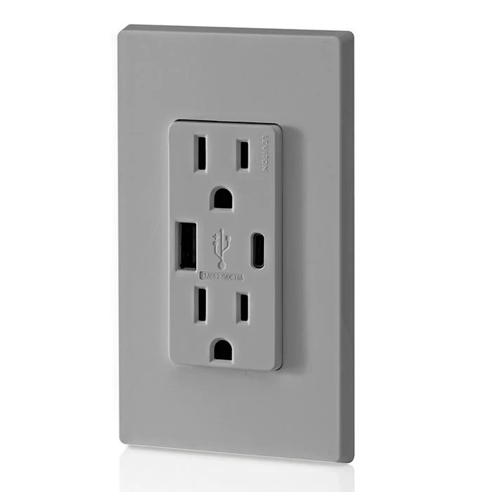 18W (3.6A) USB Type A/Type-C Wall Outlet Charger with 15A Tamper-Resistant Outlet, T5638-GY - Image 4