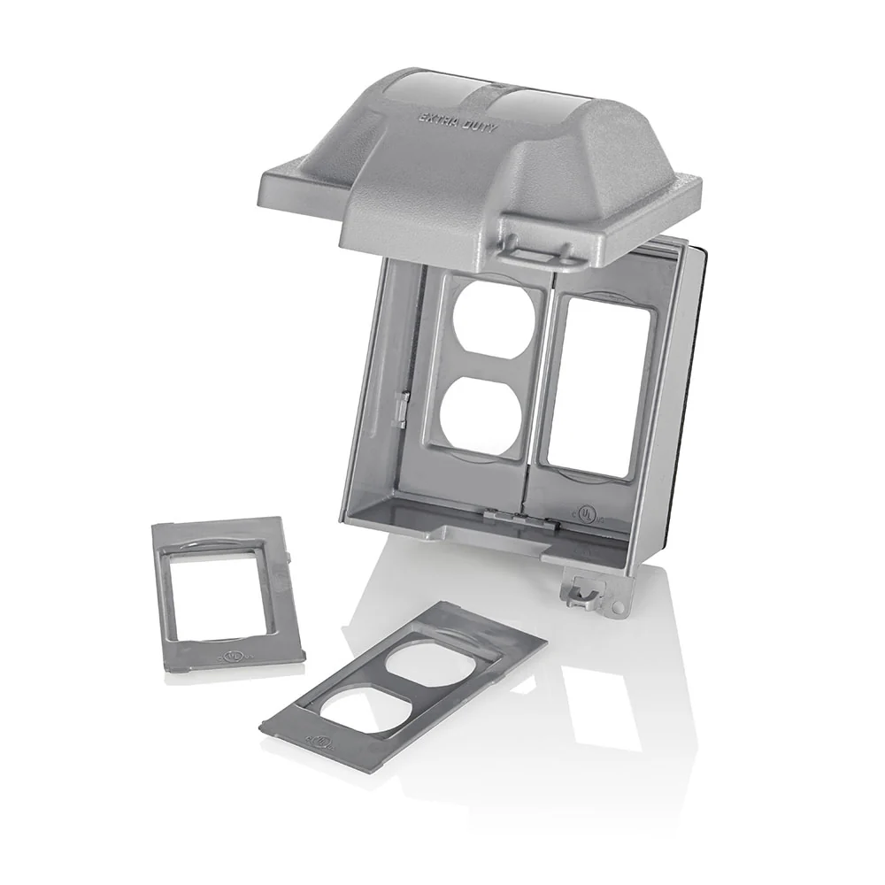 2-Gang Extra Duty While-In-Use Cover for GFCI/Decora and Duplex Outlets, Polycarbonate, Device Mount Vertical, Lid - Gray, 002-05982-UGY