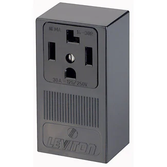 30 Amp, 125/250 Volt, NEMA 14-30R, 3P, 4W, Surface Mtg Receptacle, Straight Blade, Industrial Grade, Grounding, Side Wired, Steel Strap - Black, 55054
