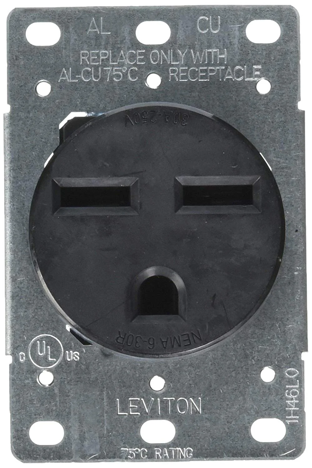 30 Amp, 250 Volt, Nema 6-30R, 2P, 3W, Flush Mtg Receptacle, Straight Blade, Industrial Grade, Grounding, Side Wired, Steel Strap, Black, 5372-S00