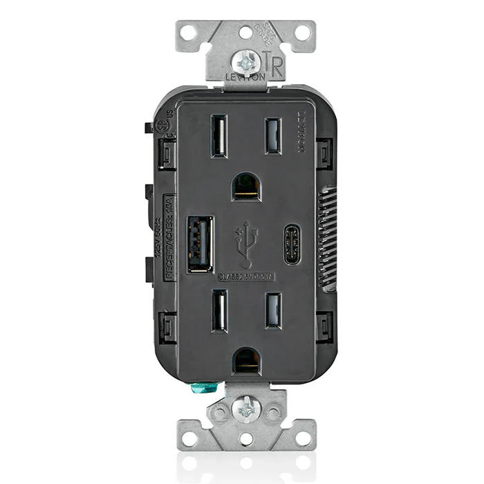 5.1A USB Type A/Type-C Wall Outlet Charger with 15A Tamper-Resistant Outlet, T5633-E