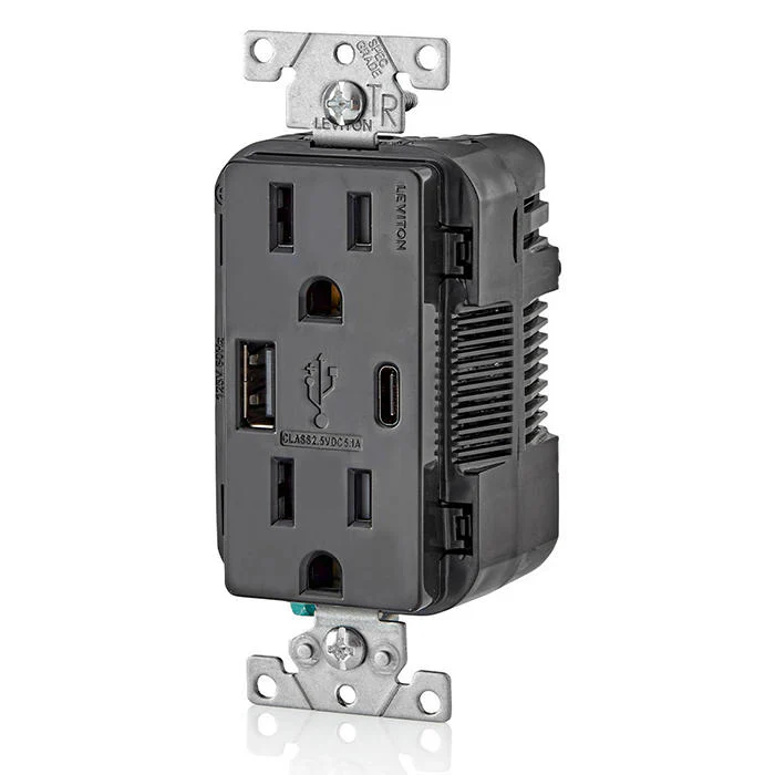 5.1A USB Type A/Type-C Wall Outlet Charger with 15A Tamper-Resistant Outlet, T5633-E - Image 2