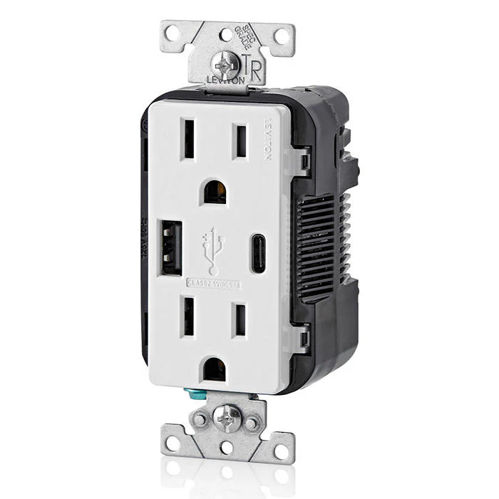 5.1A USB Type A/Type-C Wall Outlet Charger with 15A Tamper-Resistant Outlet, T5633-W - Image 2