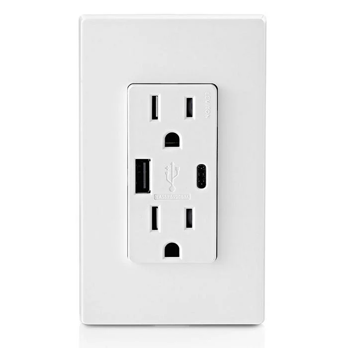 5.1A USB Type A/Type-C Wall Outlet Charger with 15A Tamper-Resistant Outlet, T5633-W - Image 3