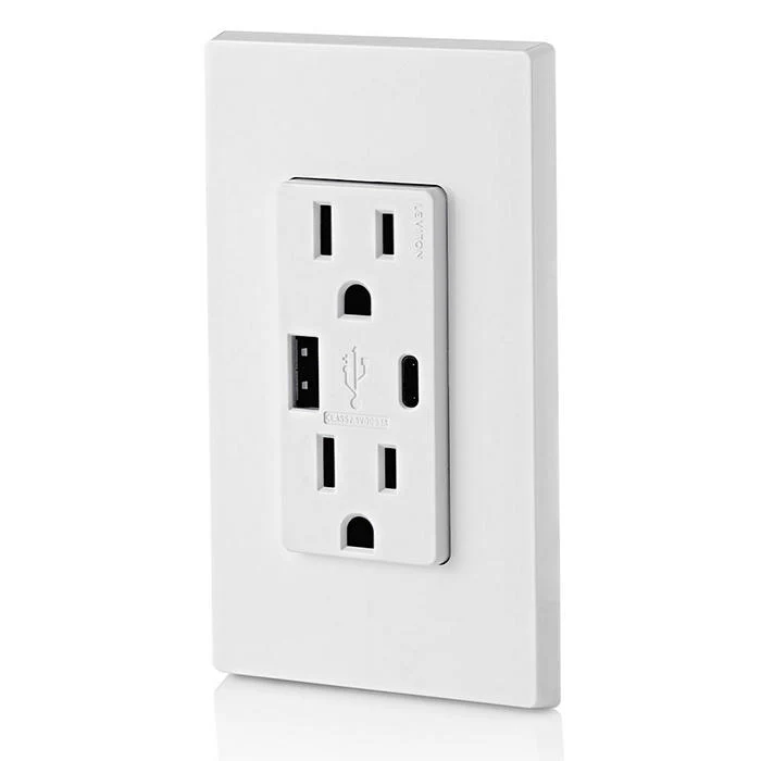 5.1A USB Type A/Type-C Wall Outlet Charger with 15A Tamper-Resistant Outlet, T5633-W - Image 4