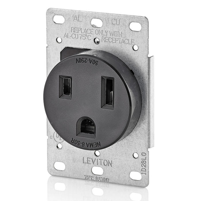 50 Amp, 250 Volt, 2P, 3W, Flush Mtg Receptacle, Straight Blade, Industrial Grade, Grounding, Black, 5374-S00