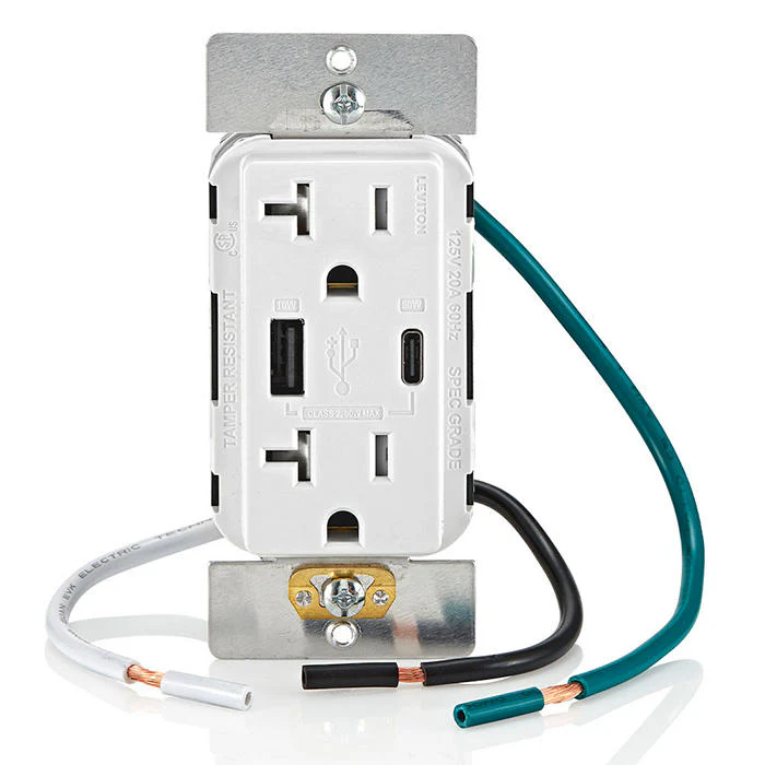 60W (20V@2.5A+ 5V@2A) USB Dual Type A/Type-C Power Delivery in-Wall Charger with 20A Tamper-Resistant Outlet, USB Charger for Smartphones, Tablets, Laptops, T5834