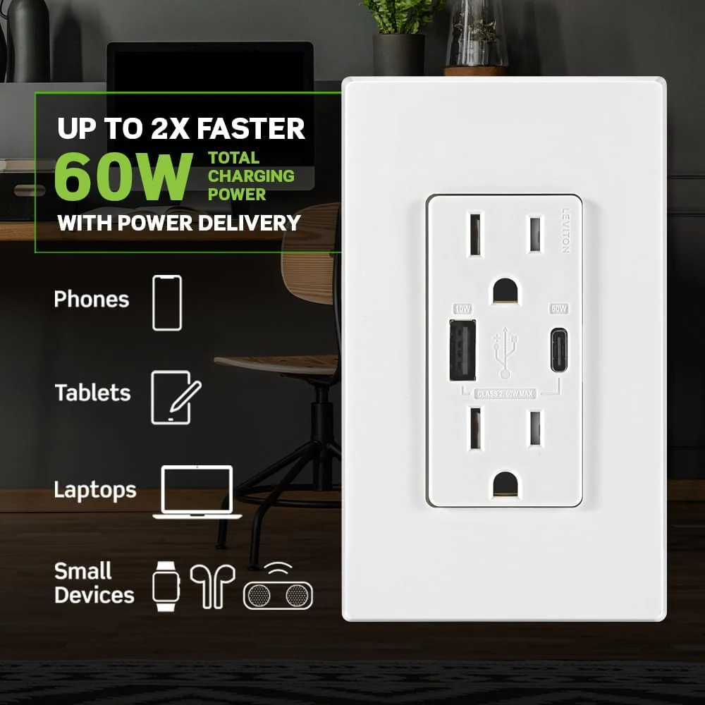 60W (20V@2.5A+ 5V@2A) USB Dual Type A/Type-C Power Delivery Wall Outlet Charger with 15A Tamper-Resistant Outlet, T5634 - Image 12