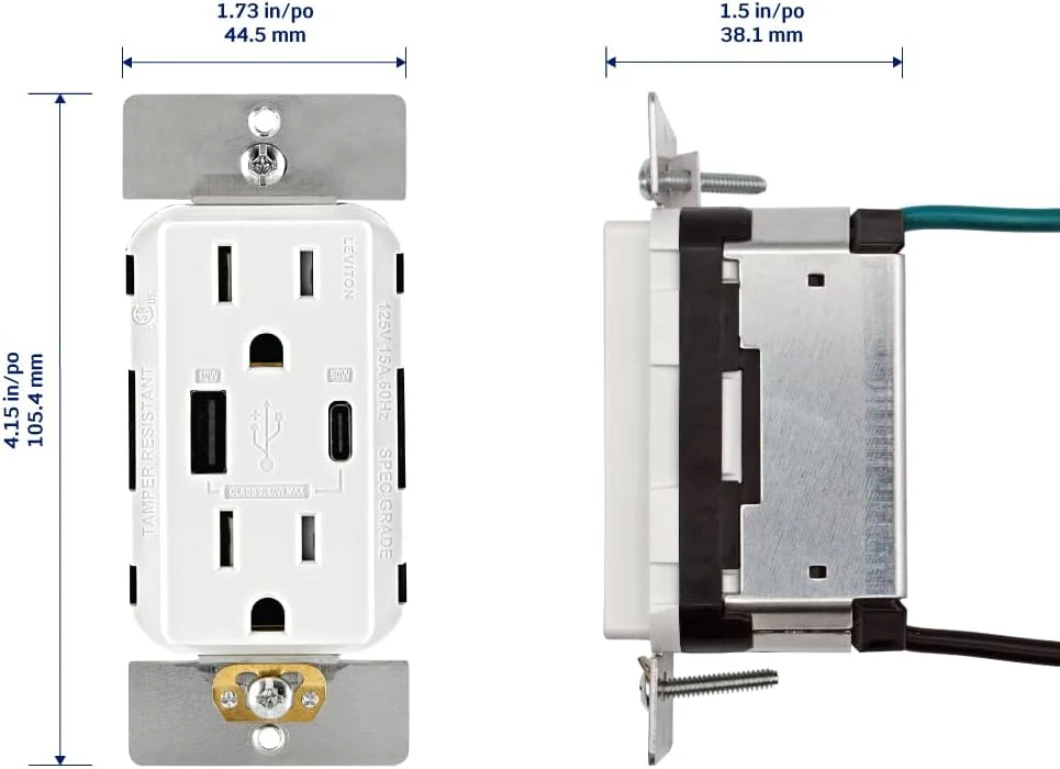 60W (20V@2.5A+ 5V@2A) USB Dual Type A/Type-C Power Delivery Wall Outlet Charger with 15A Tamper-Resistant Outlet, T5634 - Image 13