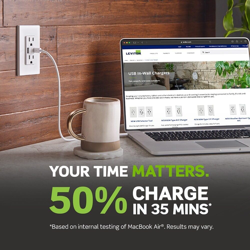 60W (20V@2.5A+ 5V@2A) USB Dual Type A/Type-C Power Delivery Wall Outlet Charger with 15A Tamper-Resistant Outlet, T5634 - Image 18