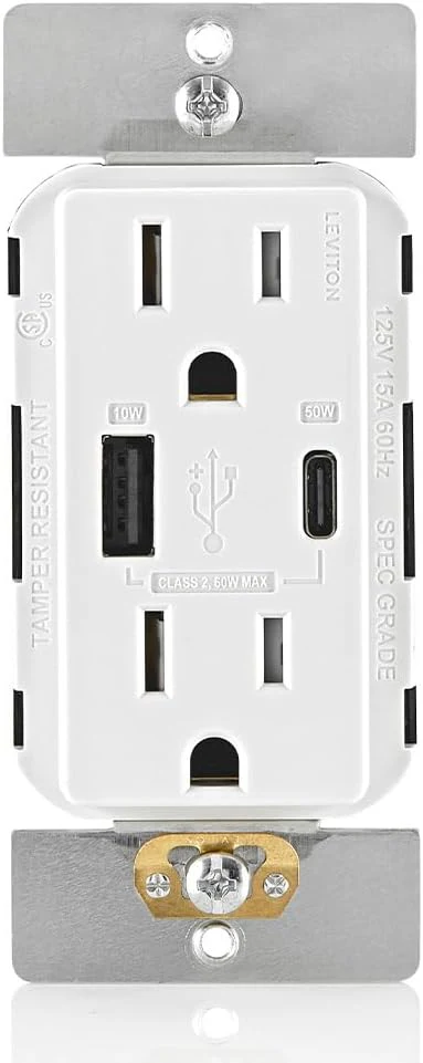 60W (20V@2.5A+ 5V@2A) USB Dual Type A/Type-C Power Delivery Wall Outlet Charger with 15A Tamper-Resistant Outlet, T5634 - Image 3