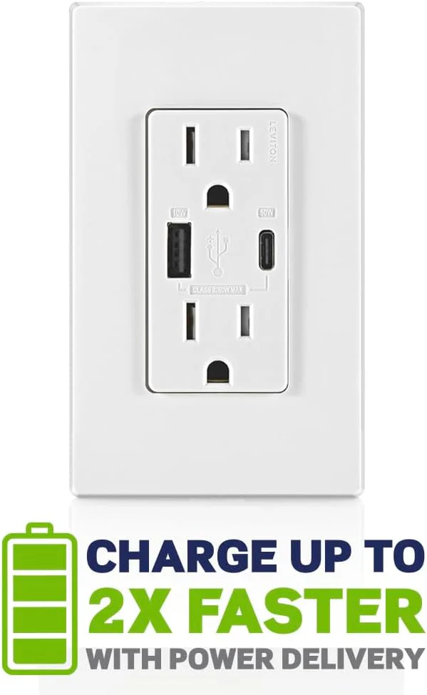 60W (20V@2.5A+ 5V@2A) USB Dual Type A/Type-C Power Delivery Wall Outlet Charger with 15A Tamper-Resistant Outlet, T5634 - Image 6