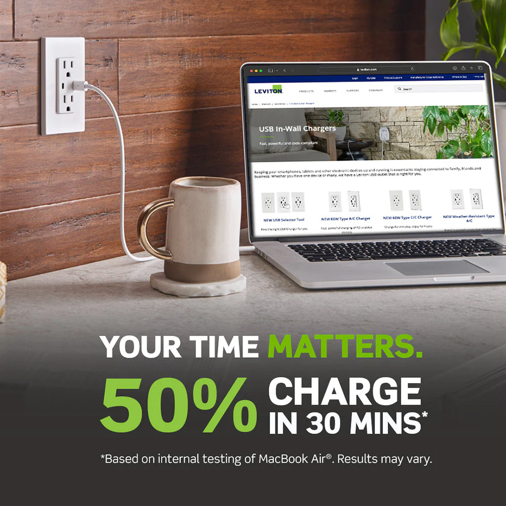 60W (6A) USB Dual Type-C/C Power Delivery Wall Charger with 15A Tamper-Resistant Outlet, T5636 - Image 12