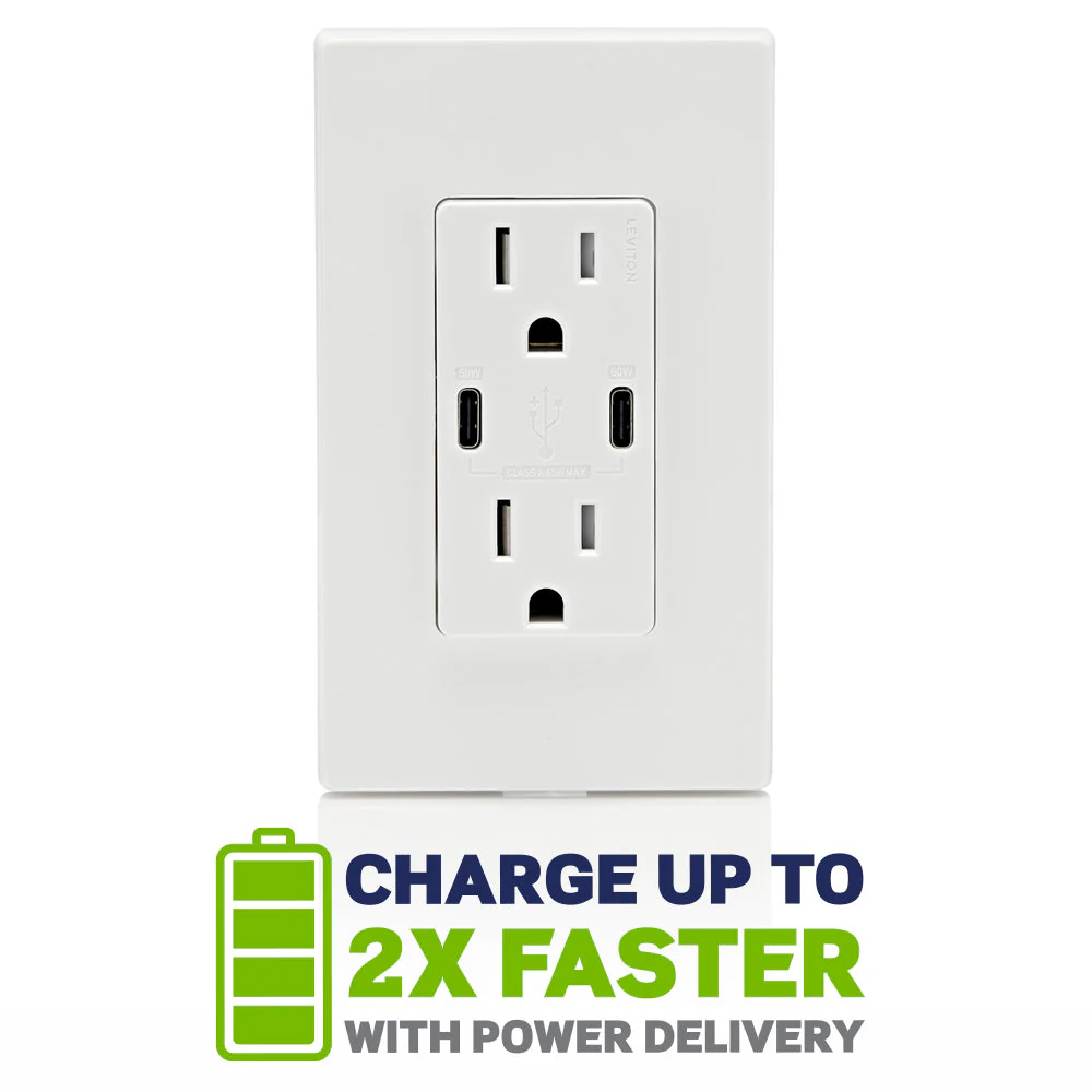 60W (6A) USB Dual Type-C/C Power Delivery Wall Charger with 15A Tamper-Resistant Outlet, T5636 - Image 3