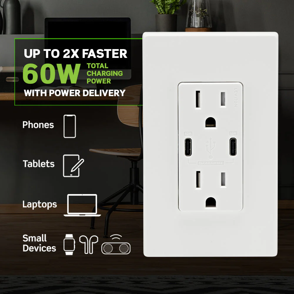 60W (6A) USB Dual Type-C/C Power Delivery Wall Charger with 15A Tamper-Resistant Outlet, T5636 - Image 7