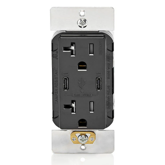 60W (6A) USB Dual Type-C/C Power Delivery Wall Outlet Charger with 20A Tamper-Resistant Outlet, T5836-E