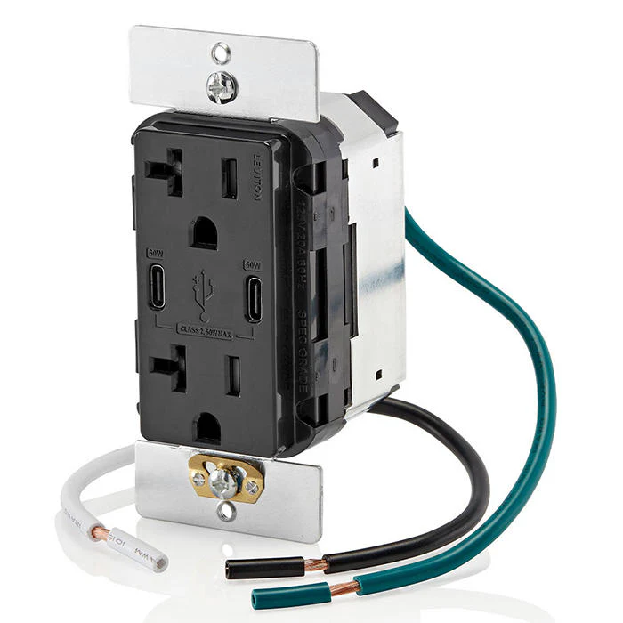 60W (6A) USB Dual Type-C/C Power Delivery Wall Outlet Charger with 20A Tamper-Resistant Outlet, T5836-E - Image 2