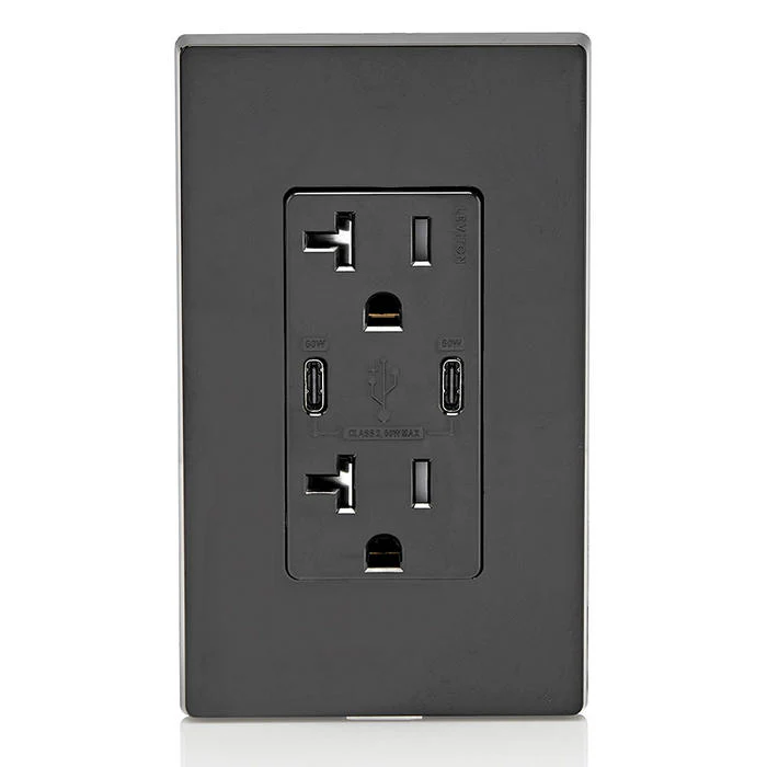 60W (6A) USB Dual Type-C/C Power Delivery Wall Outlet Charger with 20A Tamper-Resistant Outlet, T5836-E - Image 3