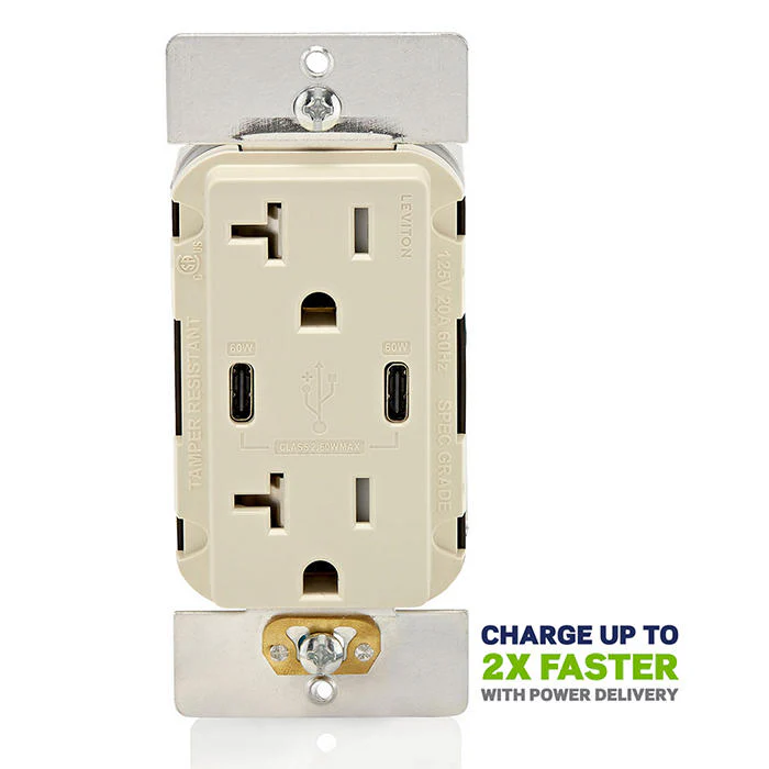 60W (6A) USB Dual Type-C/C Power Delivery Wall Outlet Charger with 20A Tamper-Resistant Outlet, T5836-T
