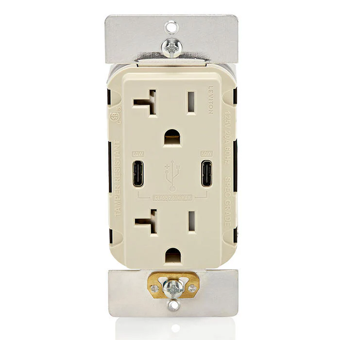 60W (6A) USB Dual Type-C/C Power Delivery Wall Outlet Charger with 20A Tamper-Resistant Outlet, T5836-T - Image 3