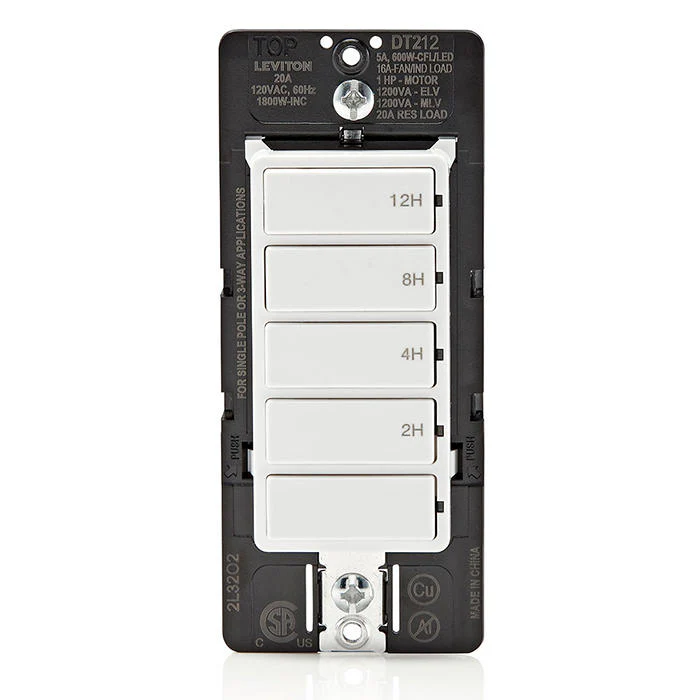 Decora In-Wall 12-Hour Countdown Timer Switch, 20A, 1 HP/16A Fan/Motor, Single Pole/Multi-Way/Multi-Timer, DT212-1LW