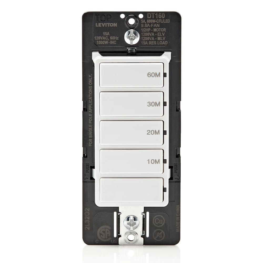Countdown Timer Switch for bathroom household lights, 10-20-30-60 min, No Neutral Required, Single Pole, 15A, 1/2HP/9.8A Fan/Motor, White, 15-Amp, DT160-1LW