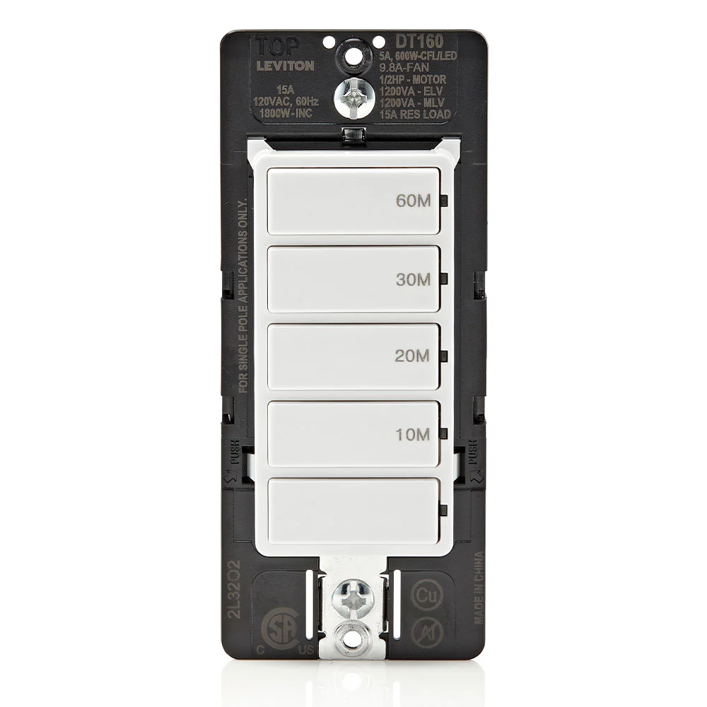 Countdown Timer Switch for bathroom household lights, 10-20-30-60 min, No Neutral Required, Single Pole, 15A, 1/2HP/9.8A Fan/Motor, White, 15-Amp, DT160-1LW - Image 10