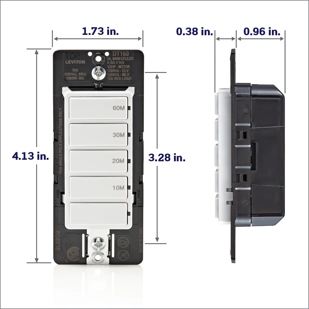 Countdown Timer Switch for bathroom household lights, 10-20-30-60 min, No Neutral Required, Single Pole, 15A, 1/2HP/9.8A Fan/Motor, White, 15-Amp, DT160-1LW - Image 8