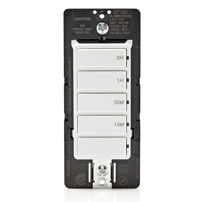 Countdown Timer Switch for bathroom household lights, 15-30 min, 1-2 hour, No Neutral Required, Single Pole, 15A, 1/2 HP/9.8A Fan/Motor, White, 15-Amp, DT102-1LW