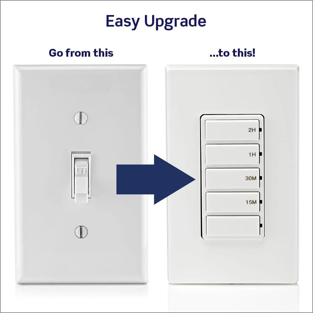 Countdown Timer Switch for bathroom household lights, 15-30 min, 1-2 hour, No Neutral Required, Single Pole, 15A, 1/2 HP/9.8A Fan/Motor, White, 15-Amp, DT102-1LW - Image 2