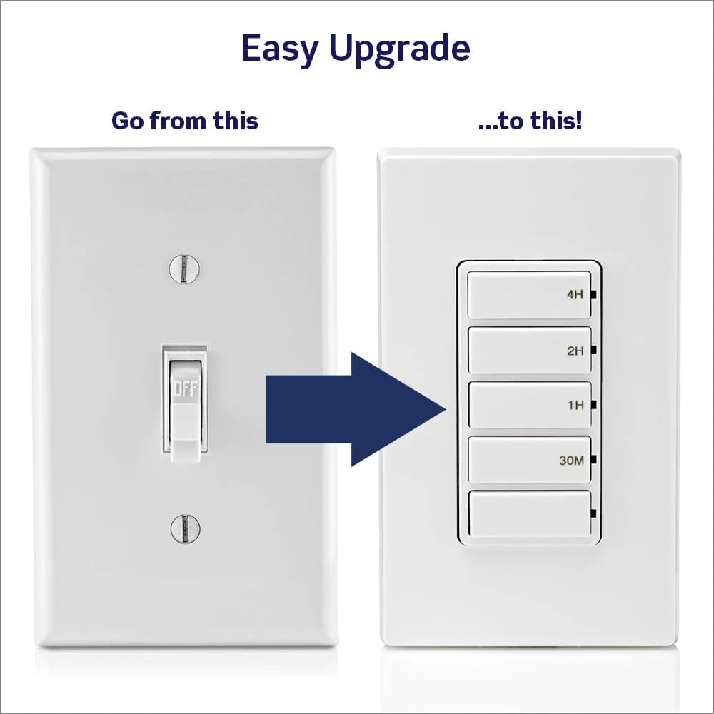 Countdown Timer Switch for bathroom household lights, 30 min, 1-2-4 hour, No Neutral Required, Single Pole, 15A, 1/2 HP/9.8A Fan/Motor, White, 15-Amp, DT104-1LW - Image 2