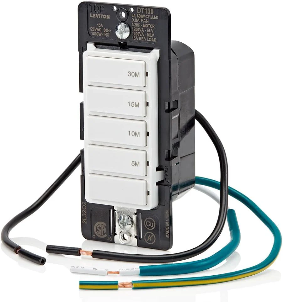 Countdown Timer Switch for bathroom household lights, 5-10-15-30 min, No Neutral Required, Single Pole, 15A, 1/2 HP/9.8A Fan/Motor, White, 15-Amp, DT130-1LW - Image 11