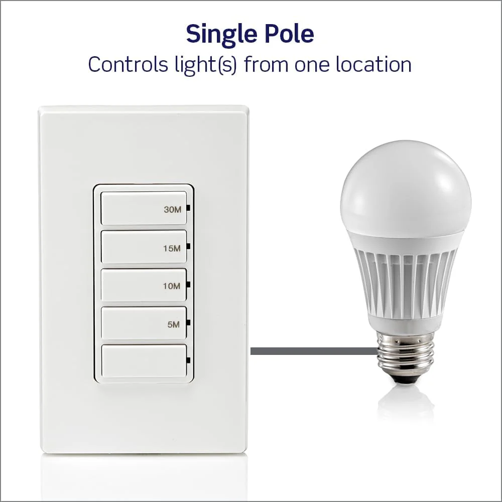 Countdown Timer Switch for bathroom household lights, 5-10-15-30 min, No Neutral Required, Single Pole, 15A, 1/2 HP/9.8A Fan/Motor, White, 15-Amp, DT130-1LW - Image 9