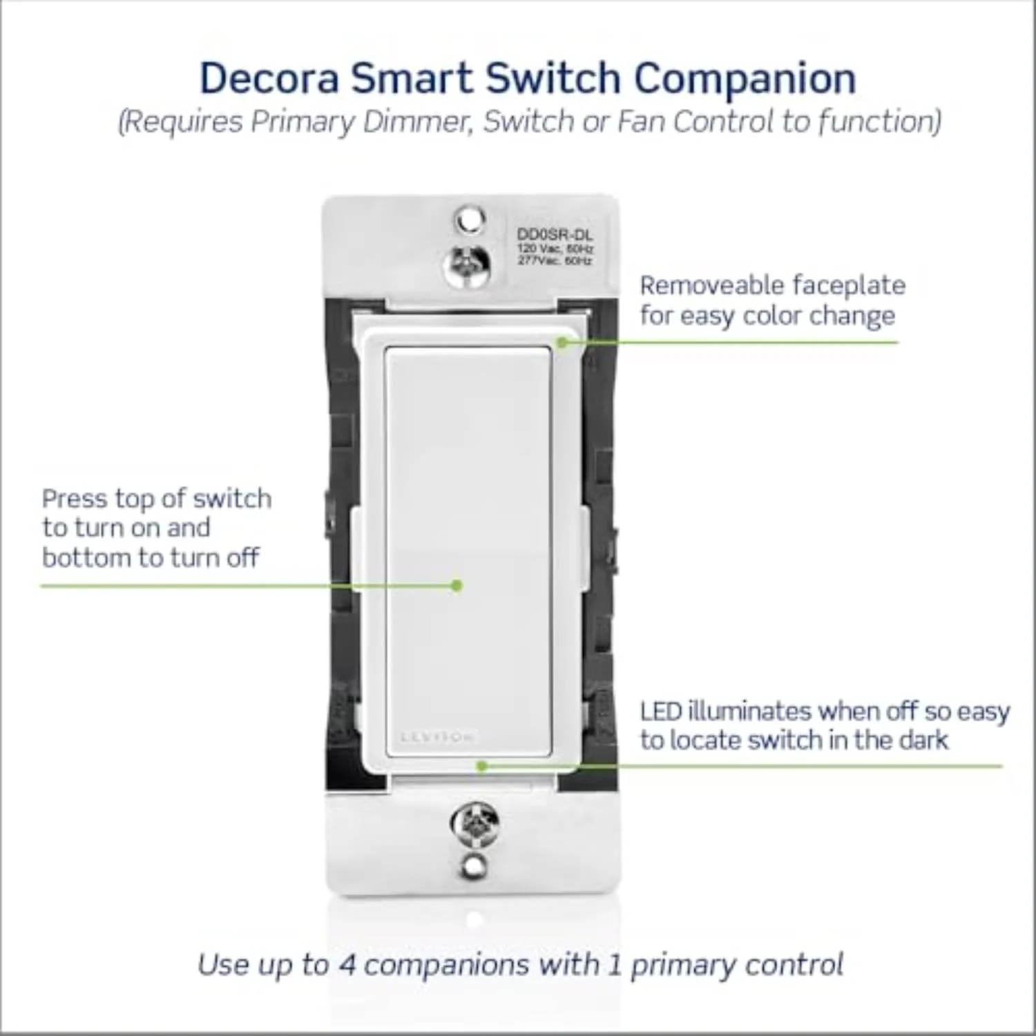Decora Companion Switch for multi-location control with LED locator, 120VAC, 60Hz, White, Ivory, Light Almond, DD0SR-DLZ - Image 8