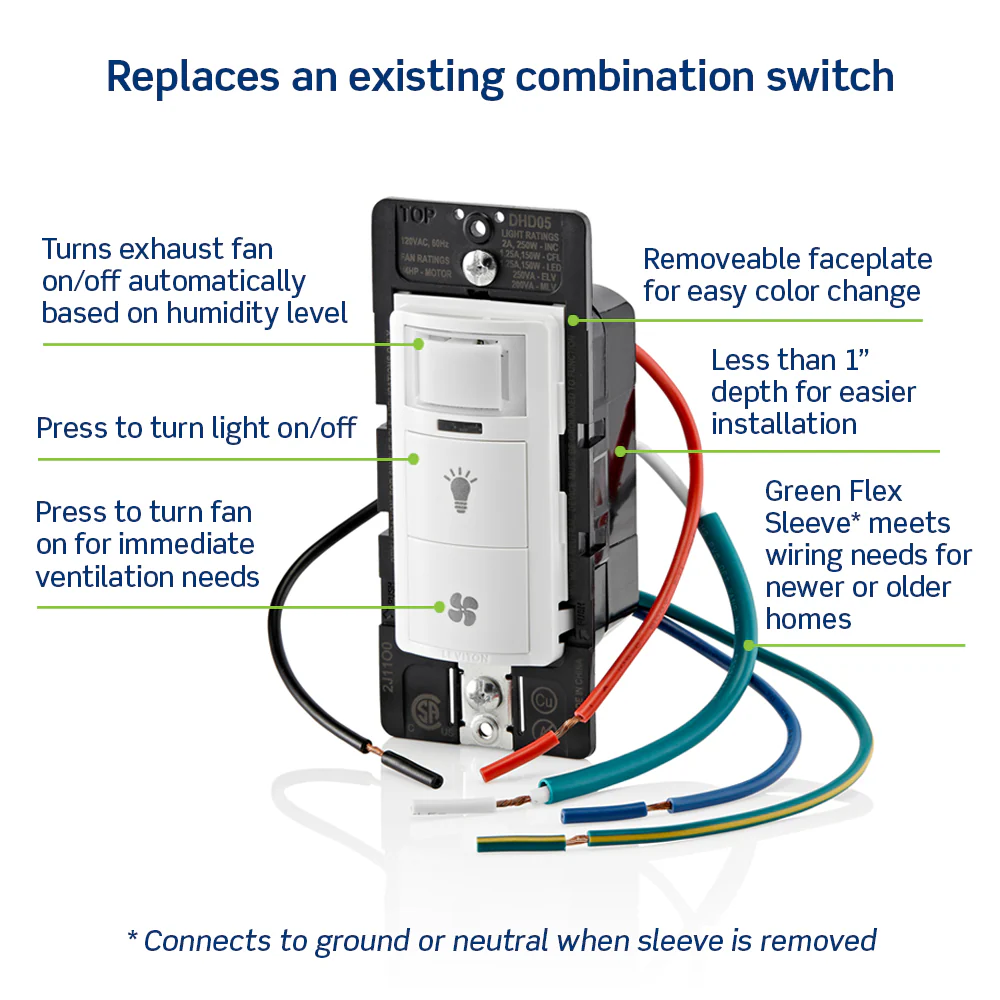 Decora In-Wall Combination Humidity Sensor and Fan Control with Light Switch, 1/4 HP, Residential Grade, Single Pole/Single Pole, DHD05-1LW - Image 3