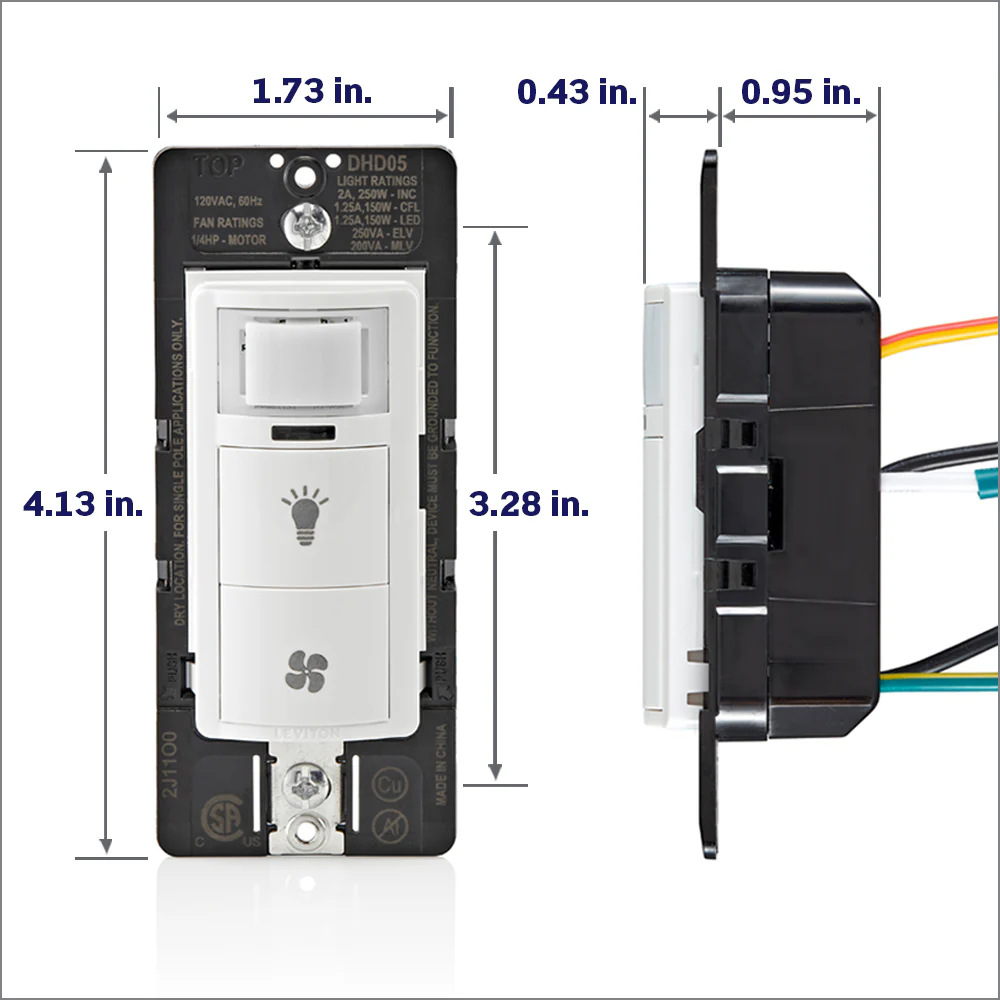 Decora In-Wall Combination Humidity Sensor and Fan Control with Light Switch, 1/4 HP, Residential Grade, Single Pole/Single Pole, DHD05-1LW - Image 9