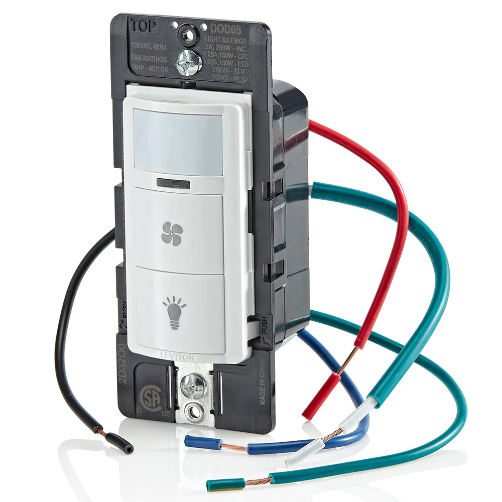 Decora In-Wall Combination Occupancy Sensor with Fan Switch, 1/4 HP, Residential Grade, Single Pole/Single Pole, DOD05 - Image 3