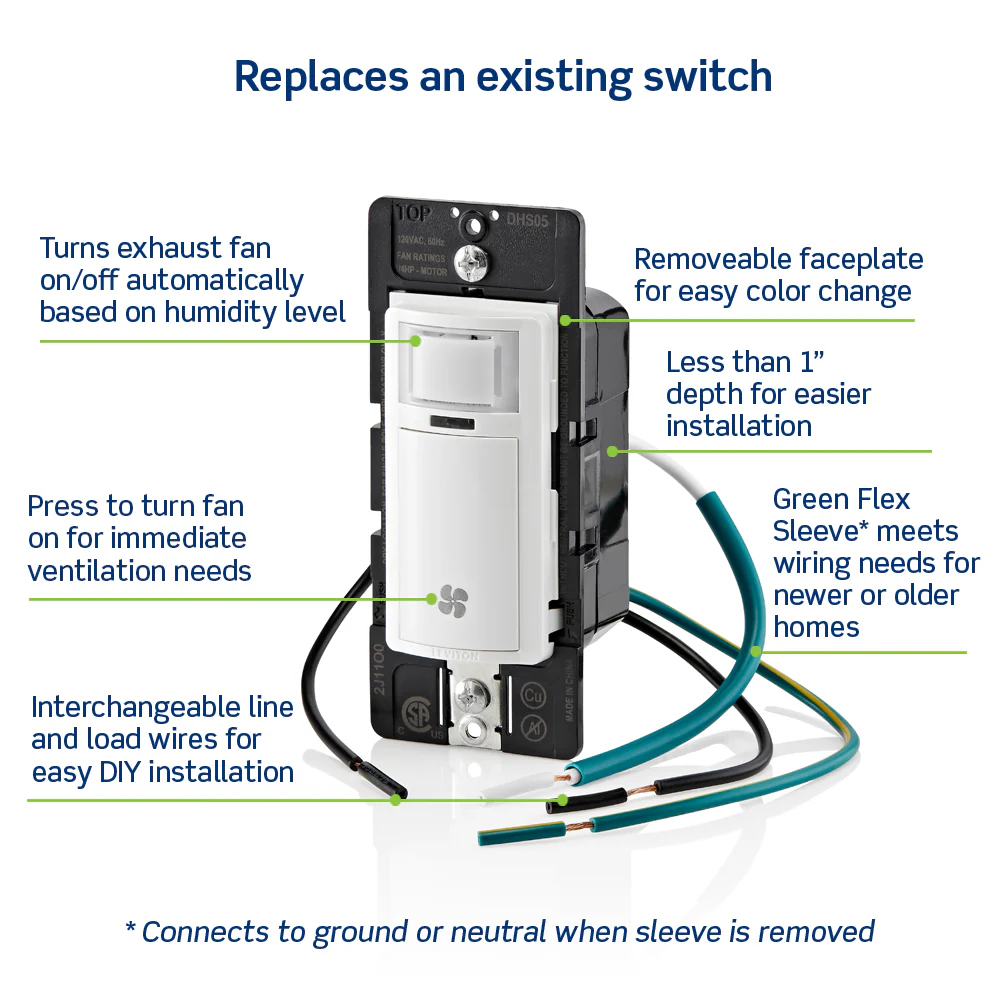 Decora In-Wall Humidity and Fan Control Switch, 1/4 HP, Residential Grade, Single Pole, DHS05 - Image 4