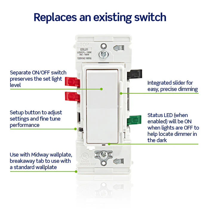 Decora Lever Edge Rocker Slide Dimmer Switch, ESL01-1LW - Image 9