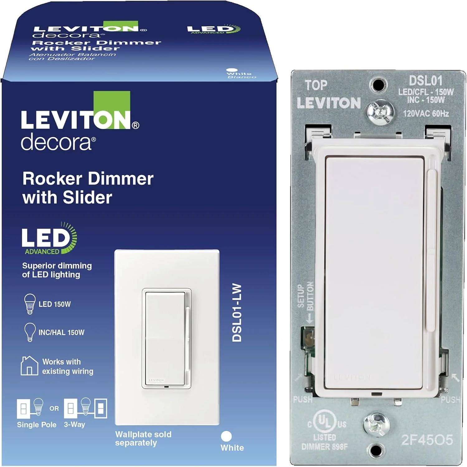 Decora Slide LED Advanced Dimmer Switch for 150W Dimmable LED, Halogen and Incandescent Bulbs and Fixtures, DSL01-LW, White