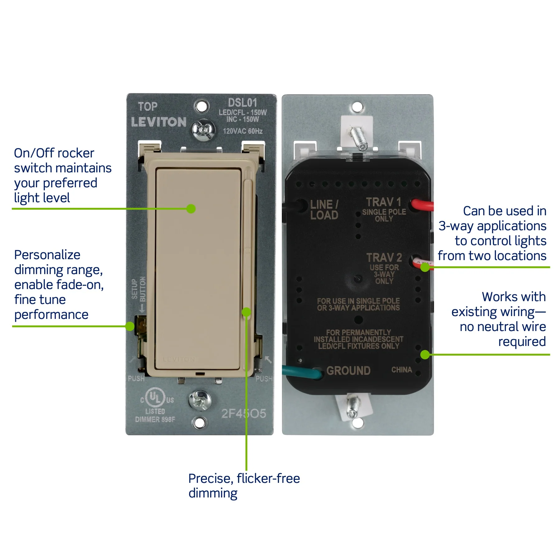 Decora Slide LED Advanced Dimmer Switch for 150W Dimmable LED, Halogen and Incandescent Bulbs and Fixtures, DSL01-1LI, Ivory - Image 3