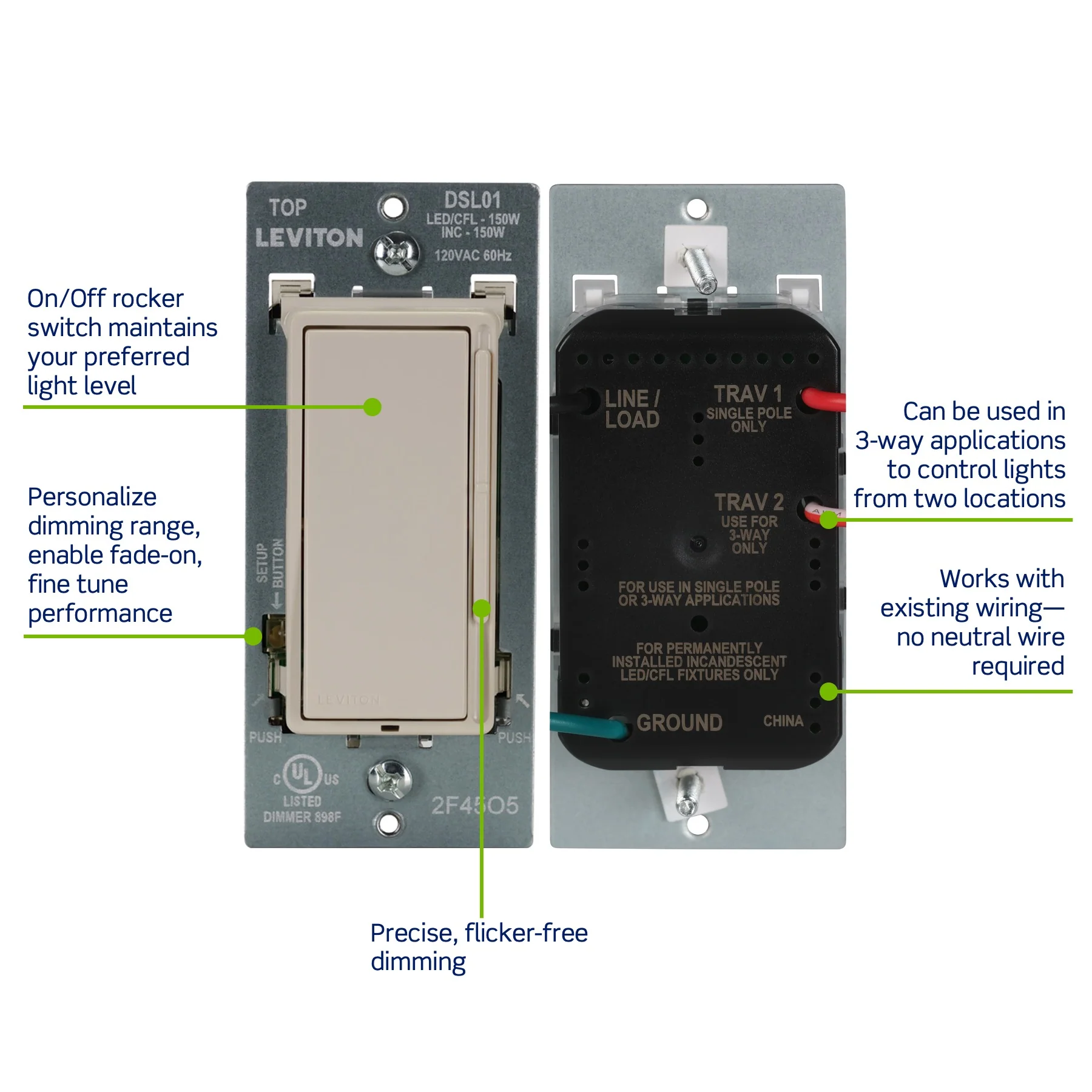 Decora Slide LED Advanced Dimmer Switch for 150W Dimmable LED, Halogen and Incandescent Bulbs and Fixtures, DSL01-1LT, Light Almond - Image 3