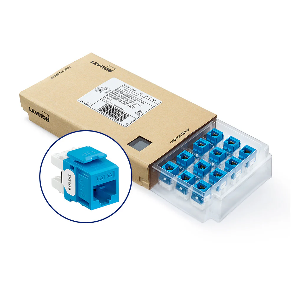 EXTREME Cat 6A QUICKPORT Jack, Channel-Rated, Blue, GreenPack 12-Pack (includes 12 jacks and 12 cones of silence), 6110G-CL6