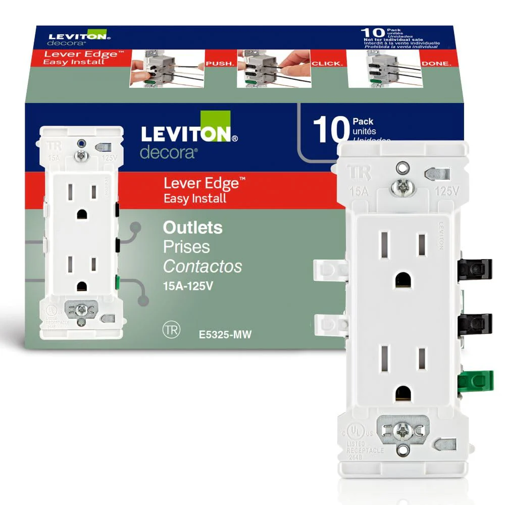 Lever Edge 15 Amp / 20 Amp Feed-Through Tamper-Resistant Duplex Outlet, E5325-MW, White