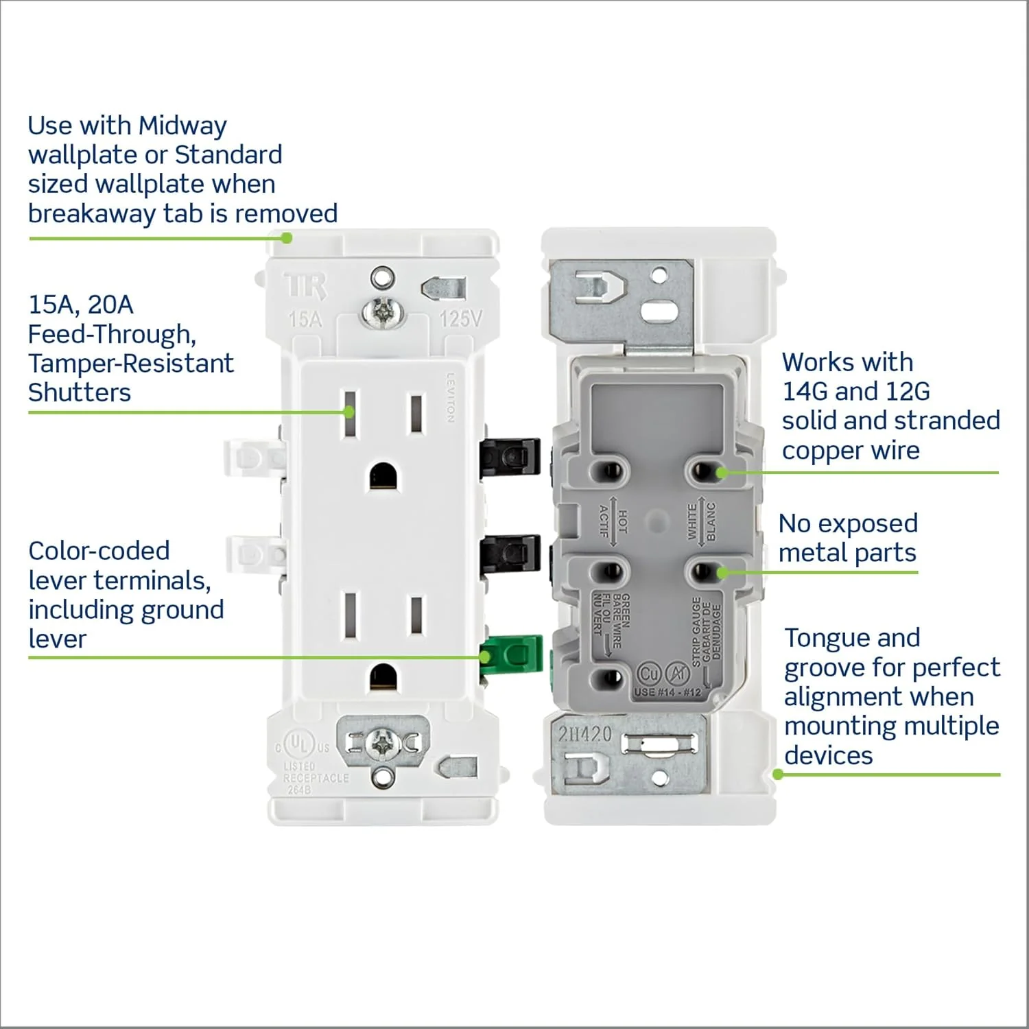 Lever Edge 15 Amp / 20 Amp Feed-Through Tamper-Resistant Duplex Outlet, E5325-MW, White - Image 4