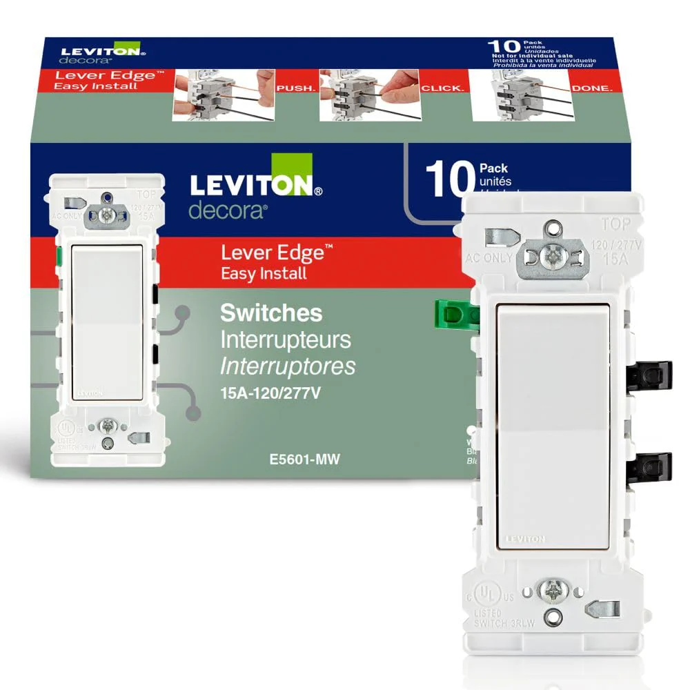 Lever Edge 15 Amp Single Pole Rocker Switch, White, E5601-MW